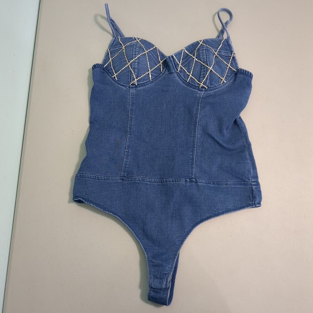 Haute Monde Bustier bodysuit small Blue Denim Adjustable Strap rhinestones